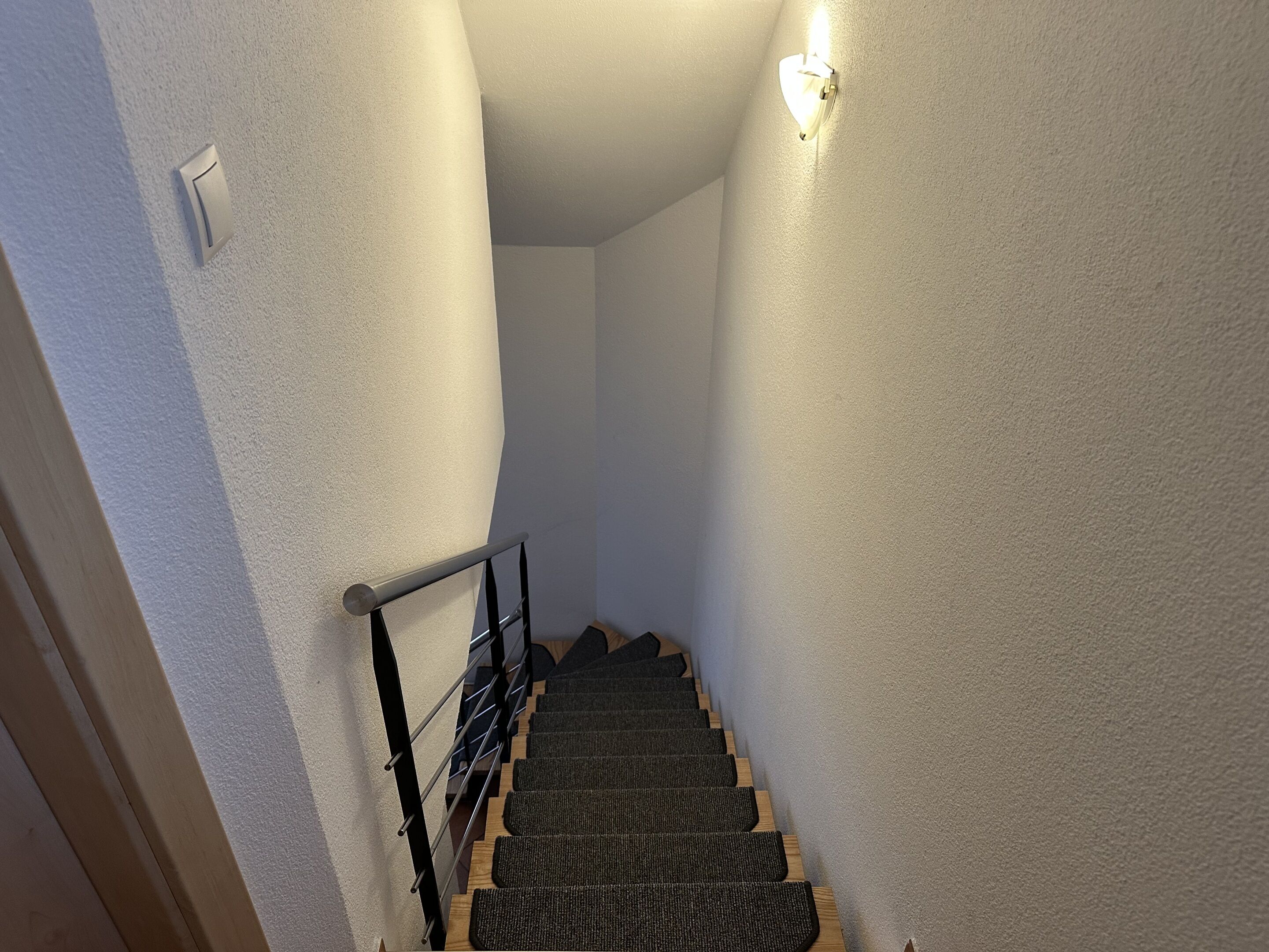 Eine schmale Treppe mit Handlauf, Teppichstufen und einer Wandleuchte.