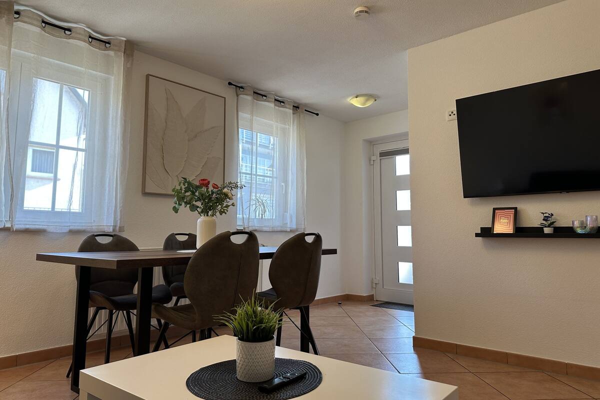 Un coin repas comprenant une table, des chaises, une plante en pot, une télécommande et un téléviseur fixé au mur.