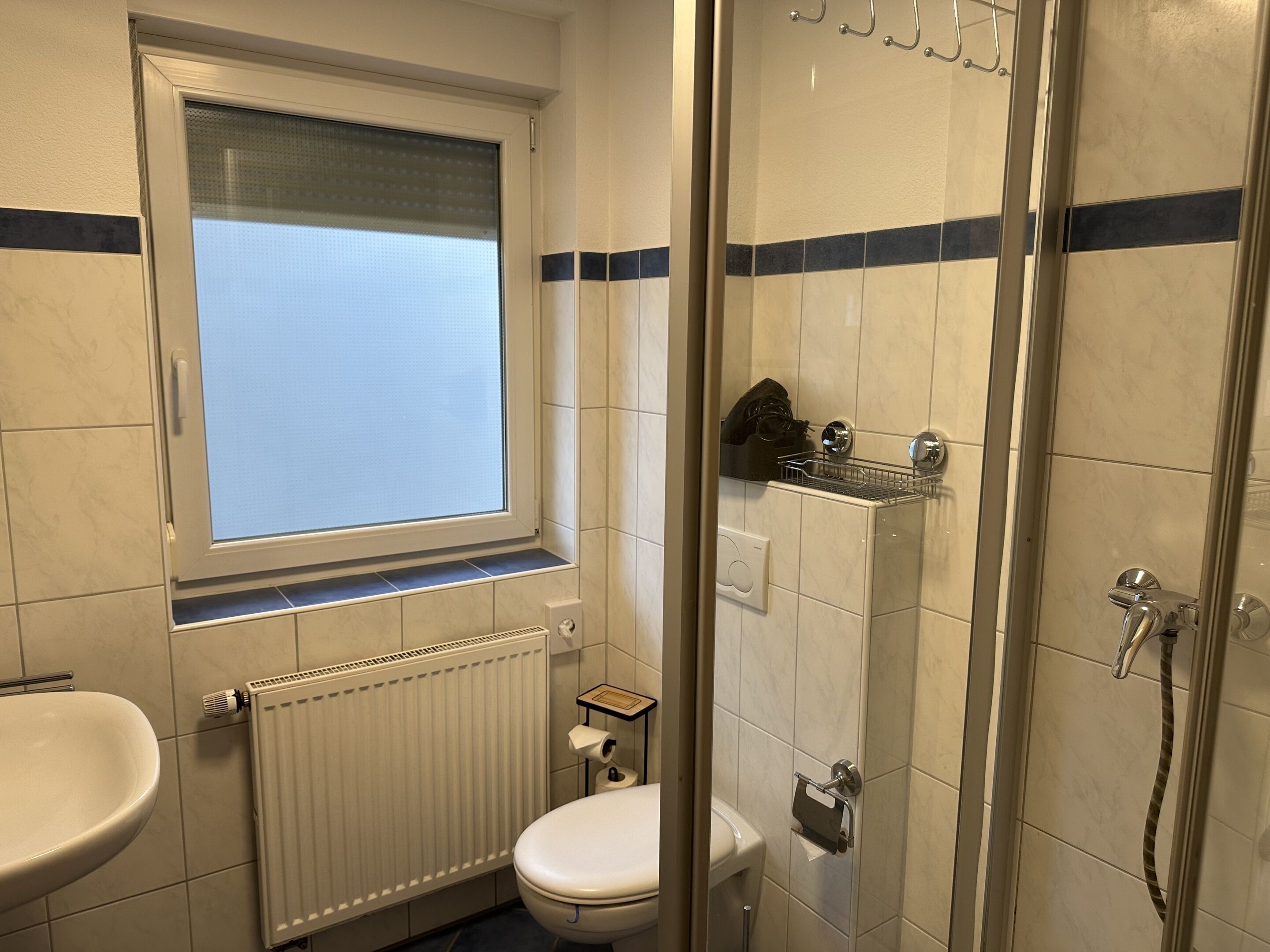 A bathroom with a toilet, a sink, a window, a shower, and a towel rack.
