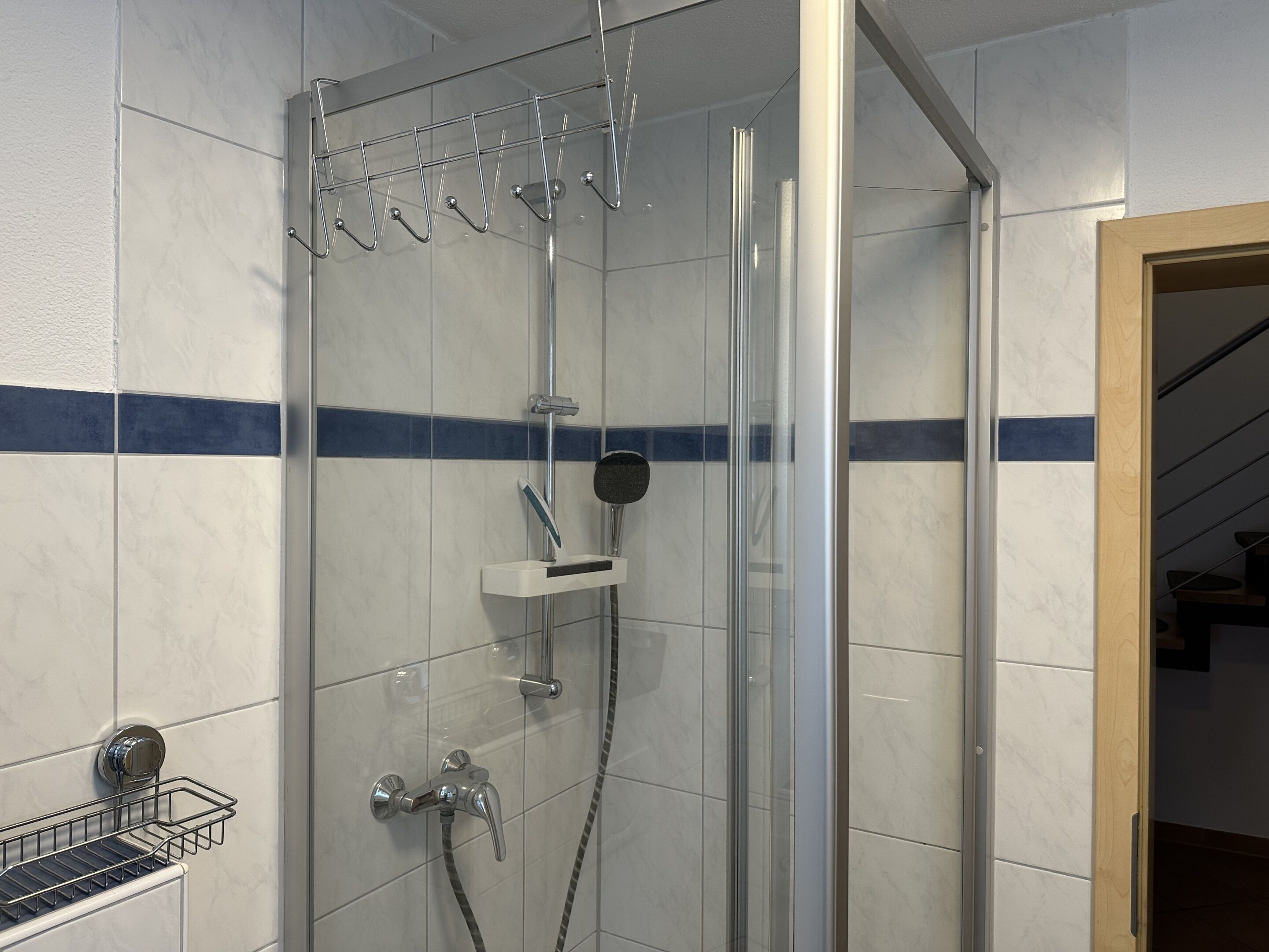 A shower with a glass door, a hand dryer, and a towel rack.