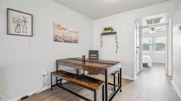 1 bedroom, desk, iron/ironing board, travel crib