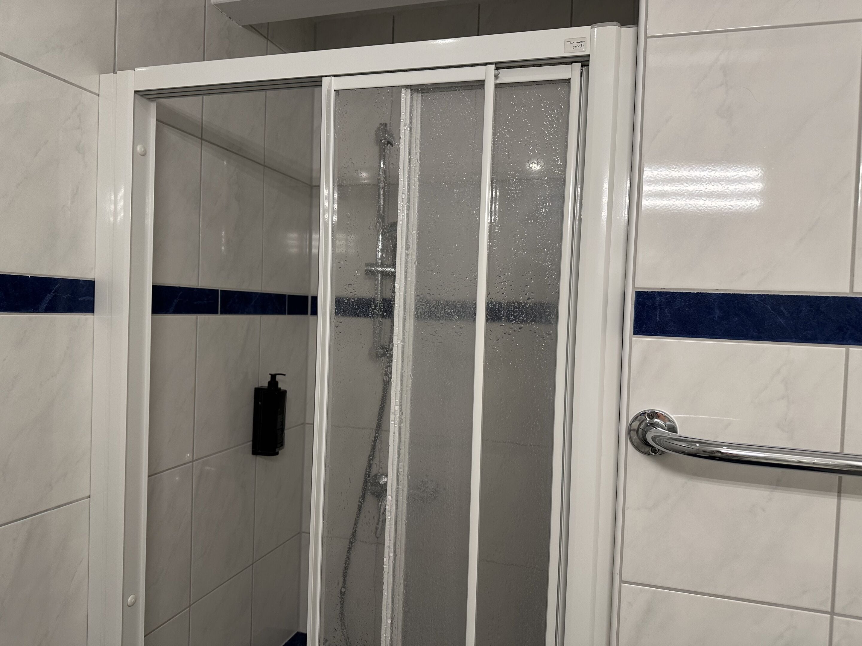 A shower enclosure with a glass door, a handrail, and a soap dispenser.