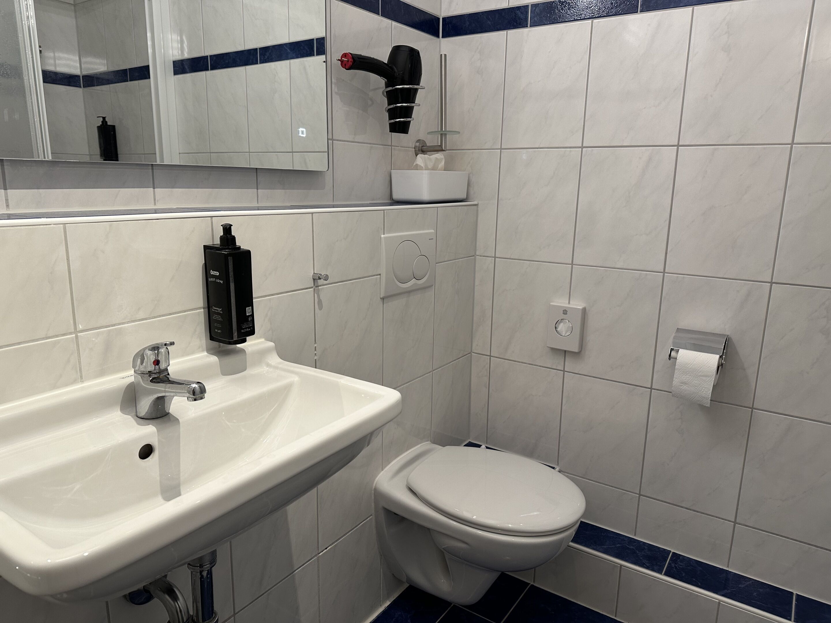 A bathroom with a sink, toilet, and a mirror.
