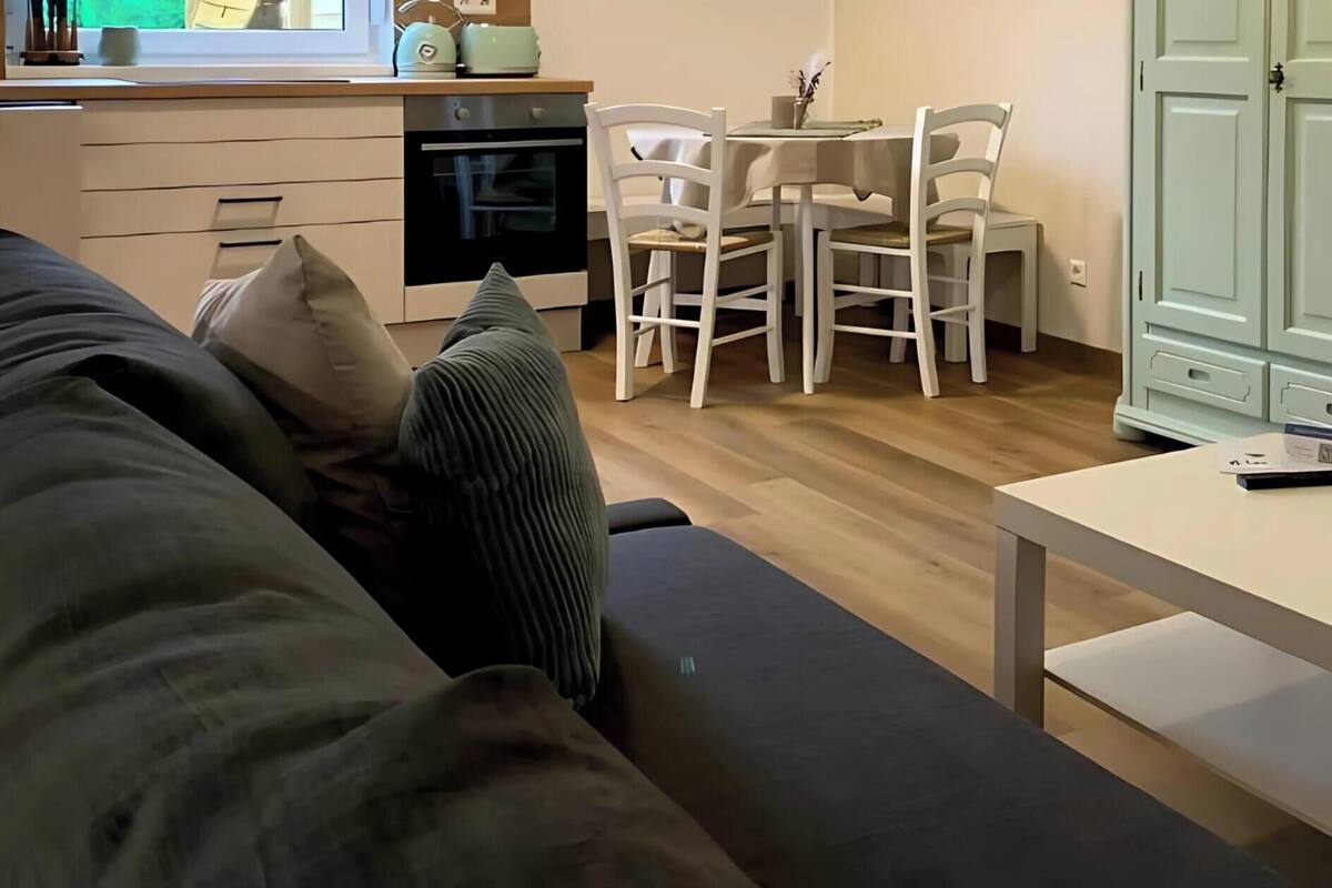 A modern living room with a sofa, a table, and a dining area with chairs.