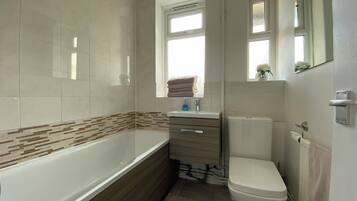 Hair dryer, towels, soap, toilet paper