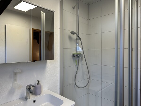 Une salle de bain avec un lavabo blanc, un miroir, une douche équipée d’un pommeau de douche amovible et des toilettes.