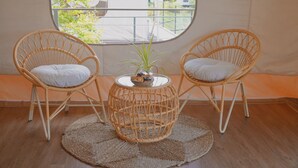 Two wicker chairs with cushions, a small round table with a plant, and a view through a window.