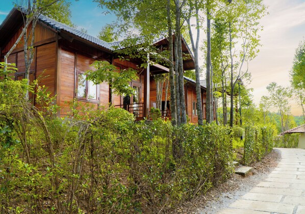 A wooden cabin with a porch, surrounded by dense greenery and trees.