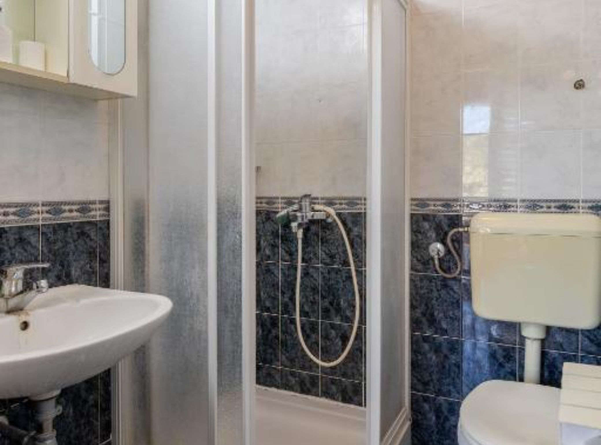 Un baño con lavabo, inodoro y ducha.