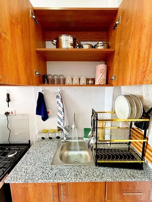 Fridge, microwave, oven, electric kettle