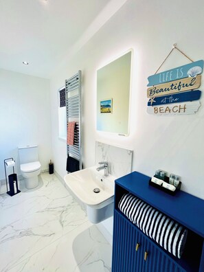 Shower, hair dryer, towels, soap