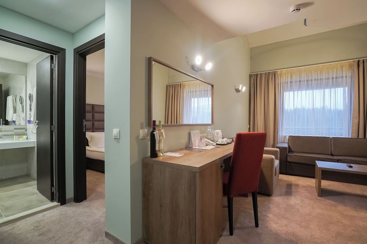 A hotel room with a wooden desk, a red chair, a sofa, a large mirror, and a window with curtains.