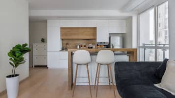Comfort Apartment, Balcony, City View | Private kitchen | Full-size fridge, microwave, oven, stovetop