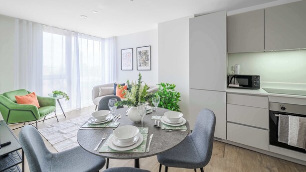 Un salon moderne comprenant un coin repas, un canapé vert, une petite table avec un vase et une cuisine équipée d’un four à micro-ondes.