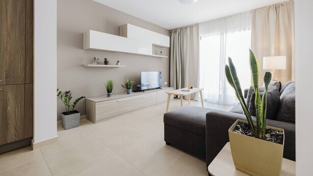 Una sala de estar moderna con sofá, mesa de centro, televisor y plantas en macetas.
