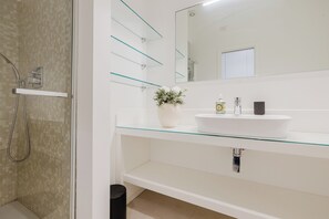 A modern bathroom with a glass shower enclosure, a white sink, and a mirror above it.