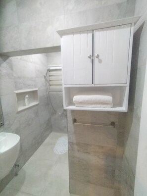 Dusche, Haartrockner, Handtücher, Seife
