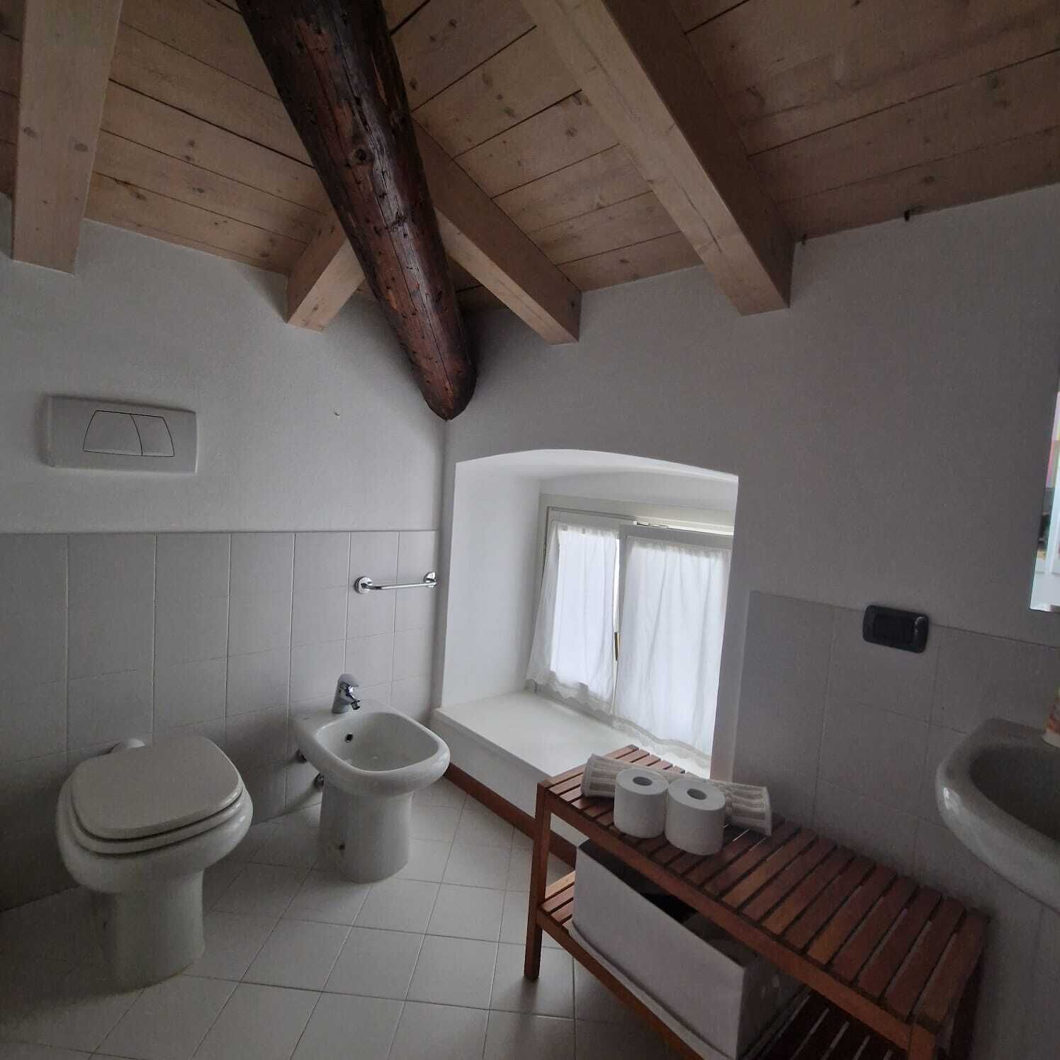 A bathroom with a toilet, bidet, and sink, wooden beams on the ceiling, and a window with curtains.