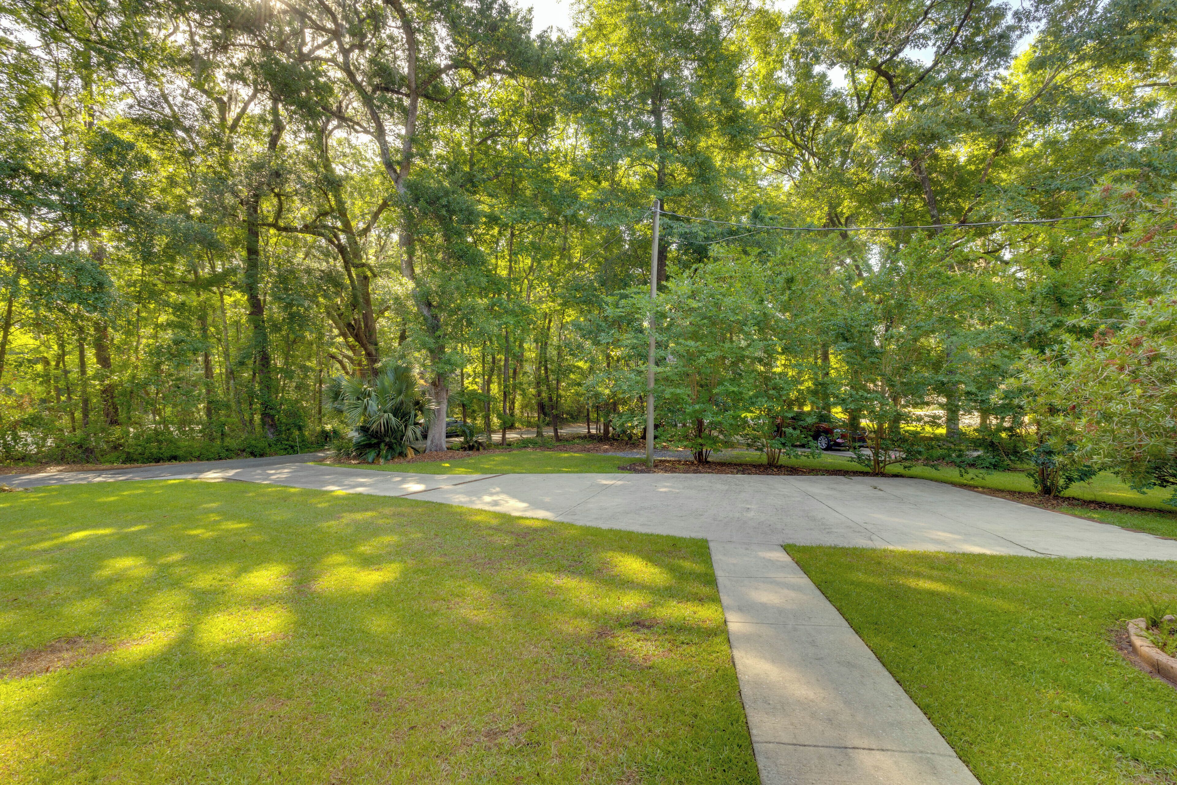 Un césped residencial bien cuidado con un sendero de concreto y diversos árboles.