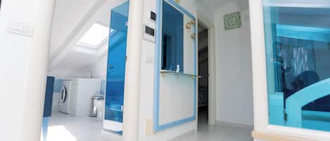 Enjoy a clean and organized space with a laundry area, glass-enclosed shower, and modern design.