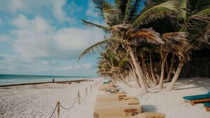A beach with white sand, palm trees, and lounge chairs along the shore. - Luxury Penthouse w Private Pool Stunning Views (Tulum)