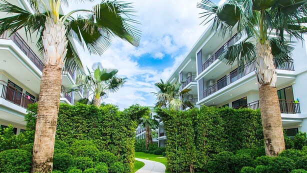 A hotel corridor with a central pathway, surrounded by lush greenery and palm trees. - Title Rawai Tropical View Apartment B209 (Rawai)