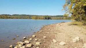 A lakeside view with a rocky shoreline and trees in the background. - Peaceful Countryside Retreat Near Lake Barkley! (Dover)
