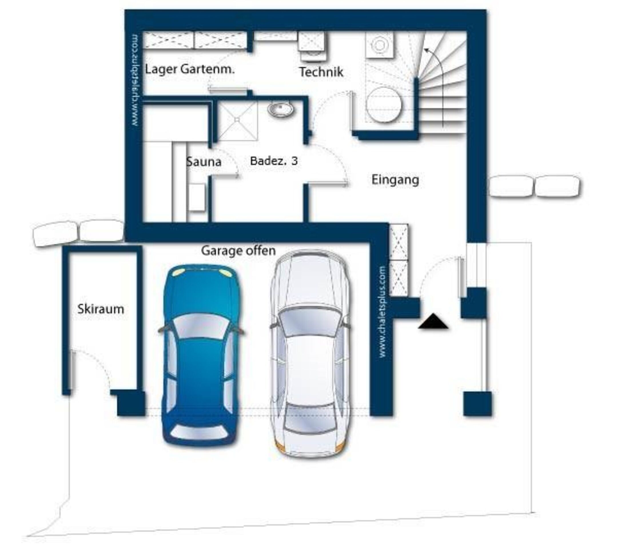 A floor plan of a house with a garage, sauna, kitchen, bathroom, and a living area.