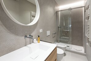 Shower, hair dryer, bidet, towels