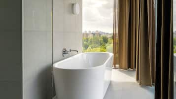 Eco-friendly toiletries, hair dryer, towels, soap