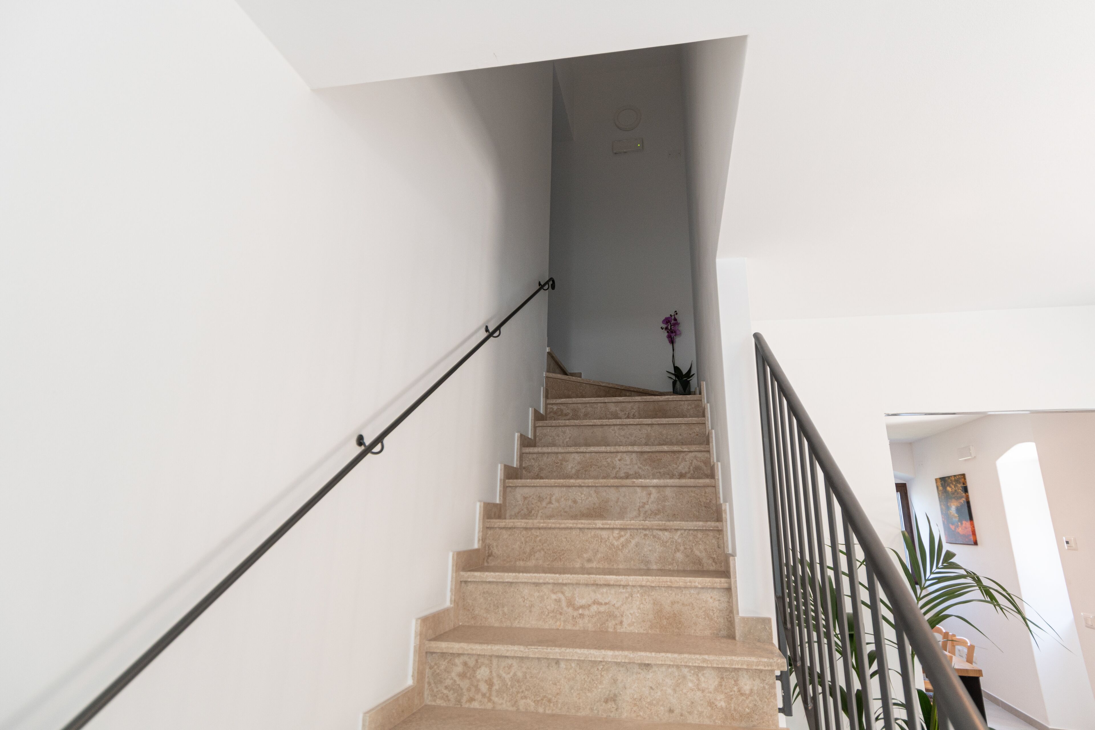 A staircase with beige steps and a black handrail, leading to a landing with a small potted plant.