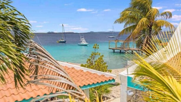 Un complexe hôtelier tropical doté d’une piscine, de palmiers et de bateaux en arrière-plan.