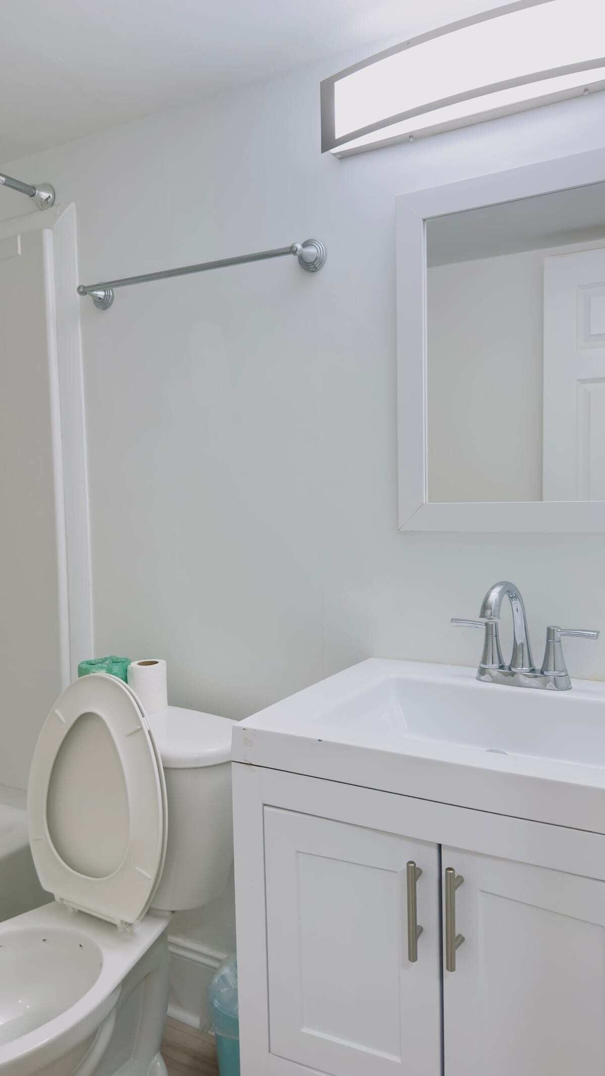 A bathroom with a toilet, sink, and mirror.
