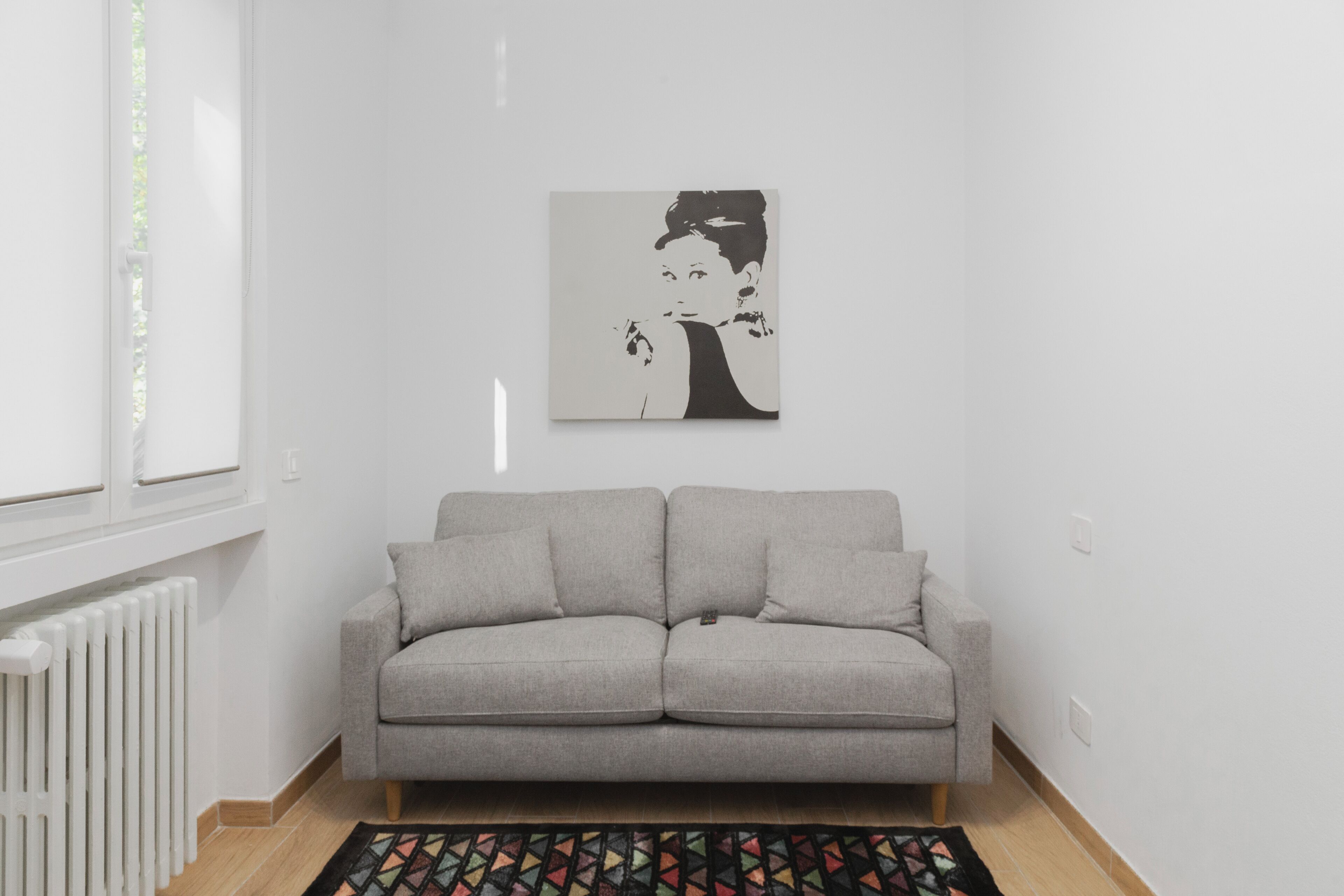 A neutral-colored sofa with a patterned rug in front, a radiator, and a wall-mounted artwork.
