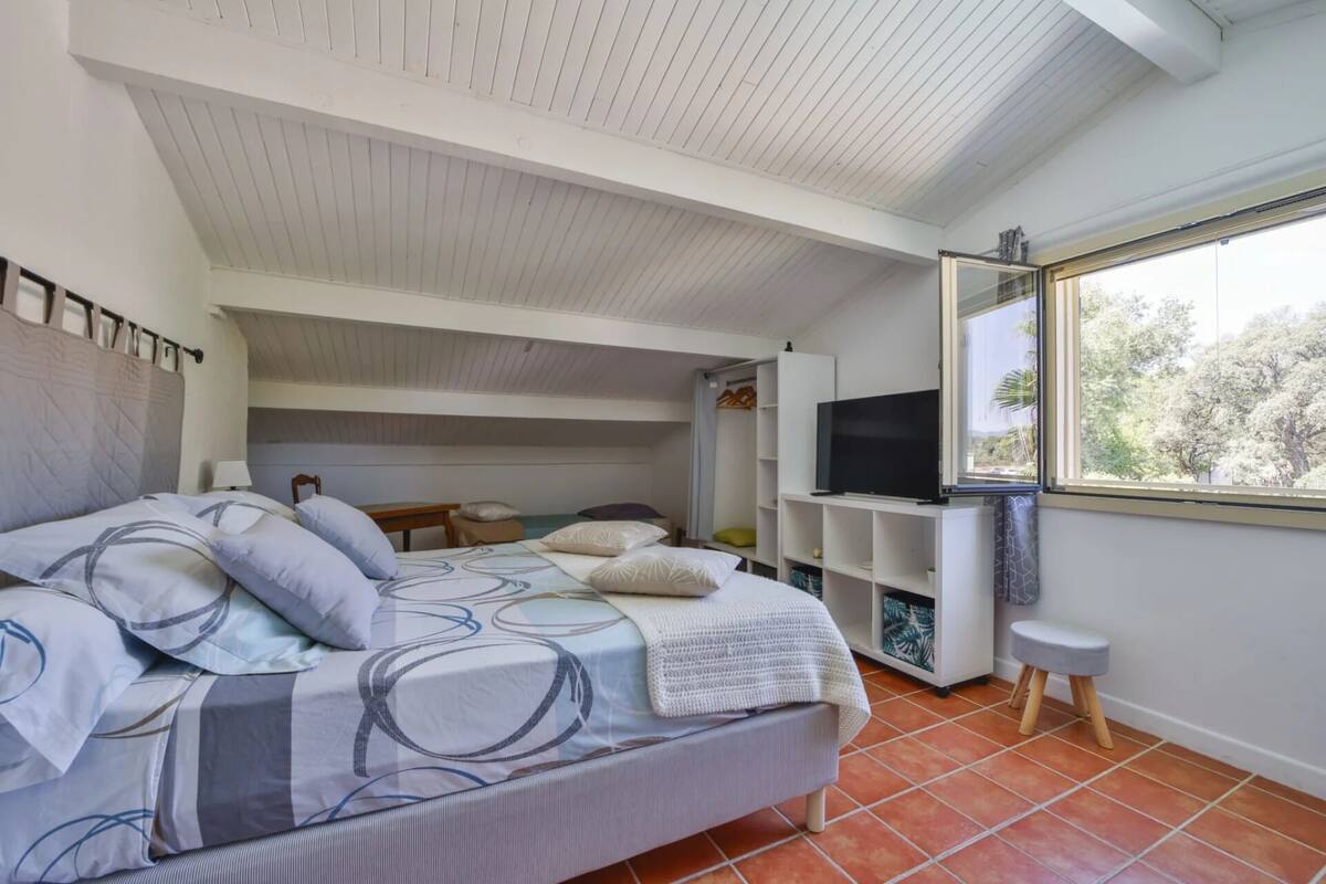 A bedroom with a bed, a TV, a wardrobe, and a window with a view of trees.