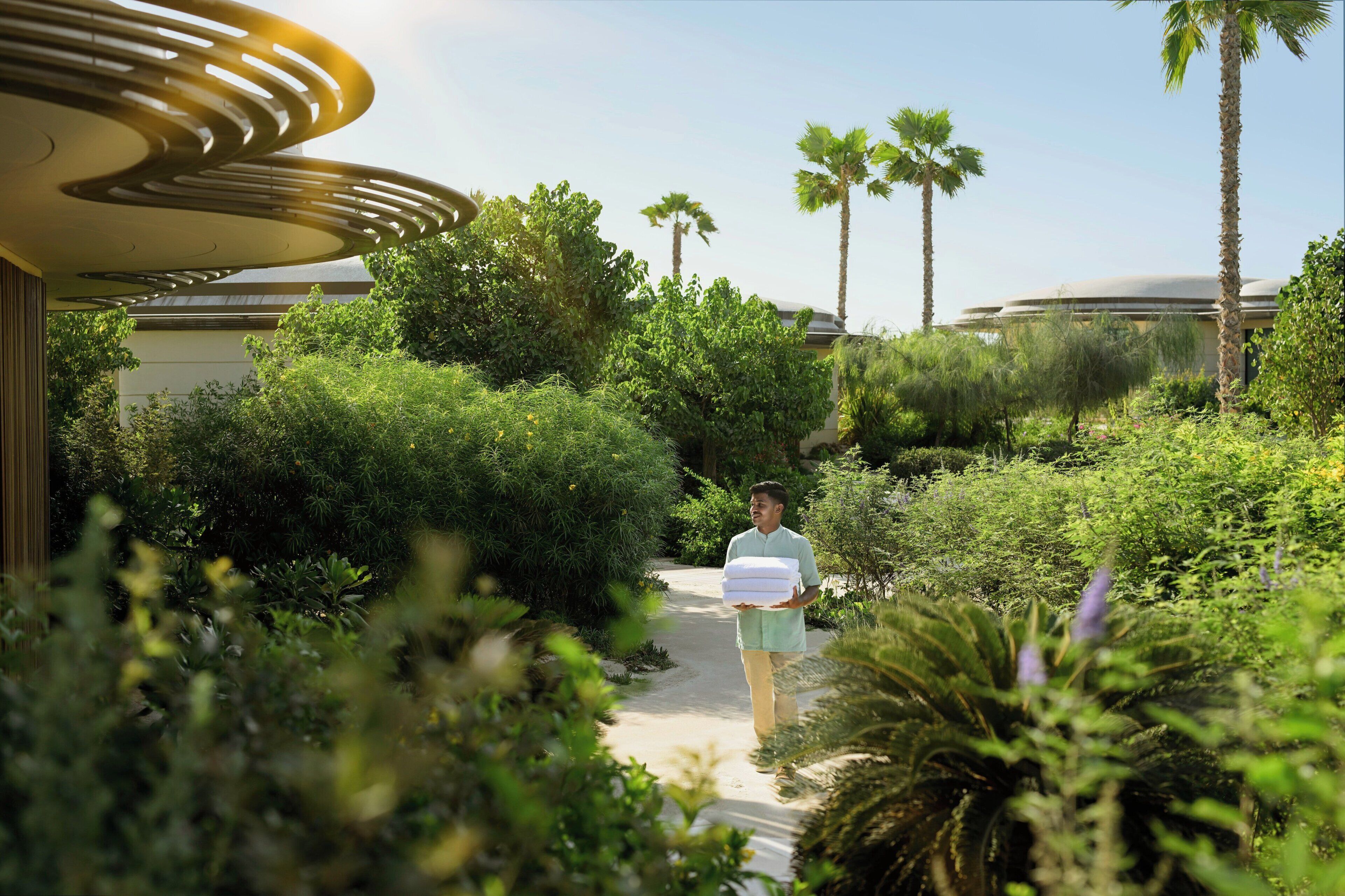 A pathway leading to a building with a unique architectural design, surrounded by lush greenery and palm trees.