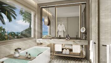 Banheira e chuveiro separados, chinelos, toalhas de banho