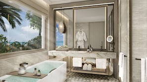 Badewanne und Dusche (separat), Hausschuhe, Handtücher