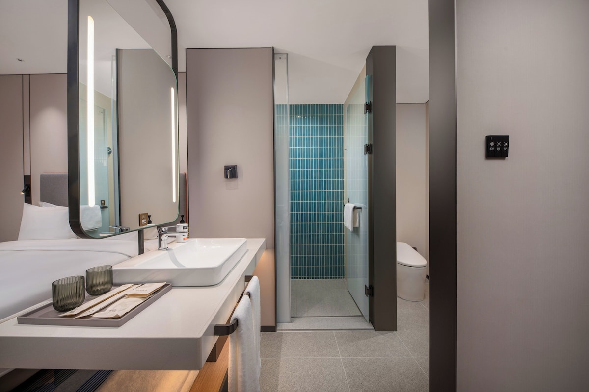 A modern bathroom with a glass shower enclosure, a white sink, and a large mirror.