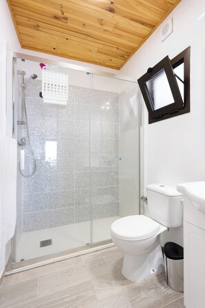 A modern bathroom with a glass-enclosed shower, a toilet, and a sink.