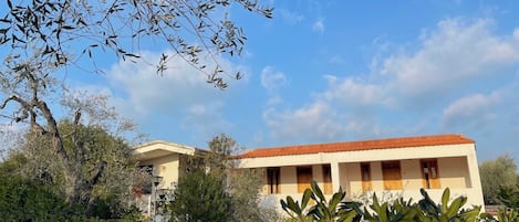 A building with a red-tiled roof, a balcony, and a window with a wooden shutter.