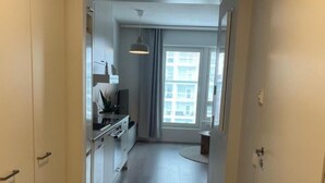 A narrow hallway with a kitchen area on one side, featuring cabinets, a countertop, and a hanging light fixture. - Charming 1-bedroom Apartment in Tampere With Fireplace (Tampere)