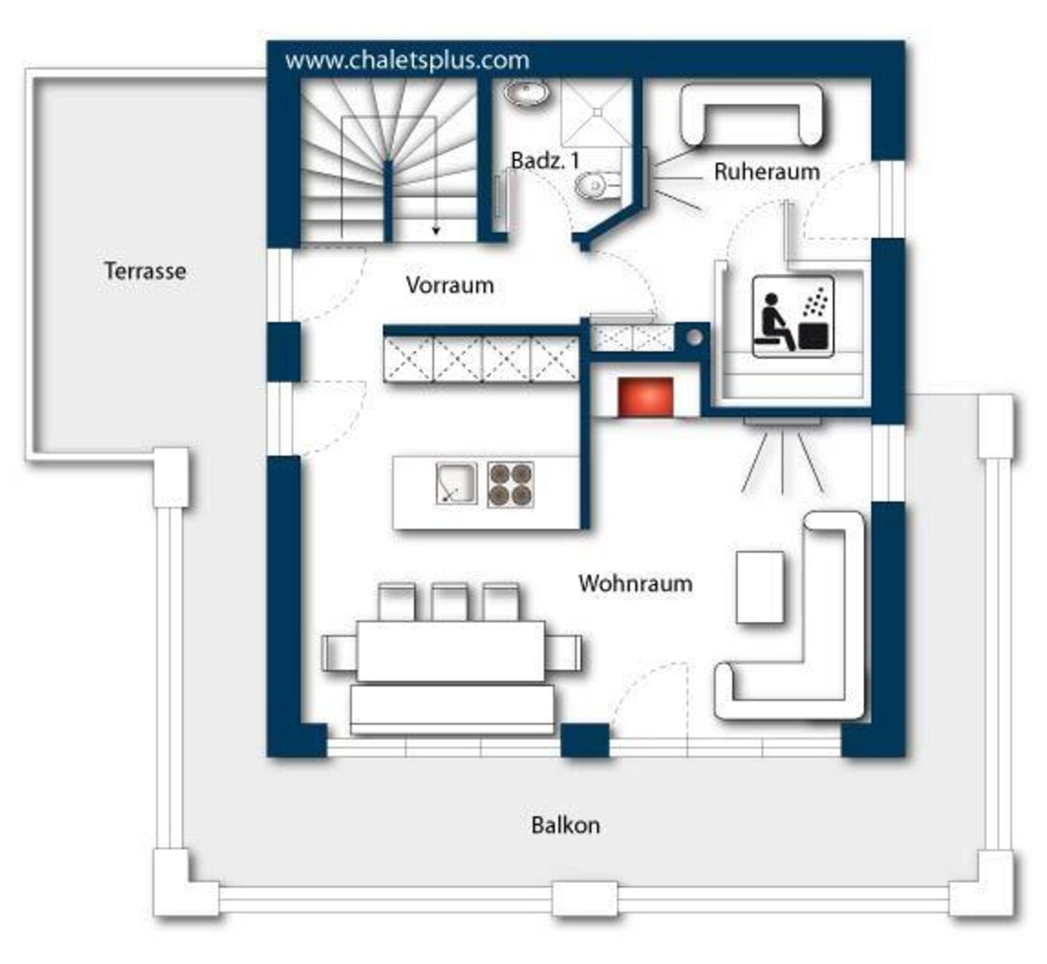 A hotel floor plan with a terrace, living room, bathroom, and balcony.