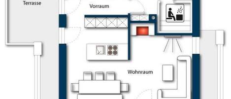 A hotel floor plan with a terrace, living room, bathroom, and balcony.