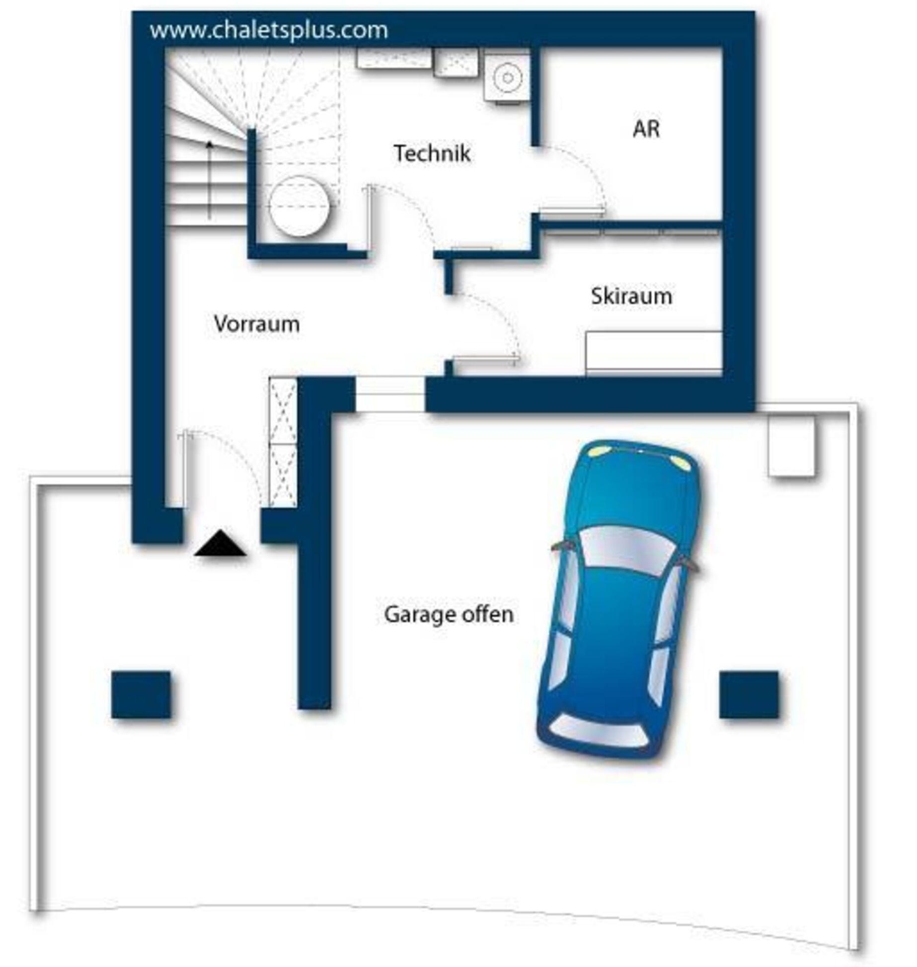 A floor plan with labeled rooms: Technik, AR, Skiraum, Vorraum, and a garage.