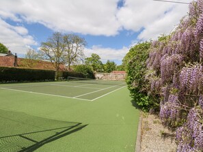 A tennis court with a net, surrounded by trees and purple flowers. - Sika (Dorchester)