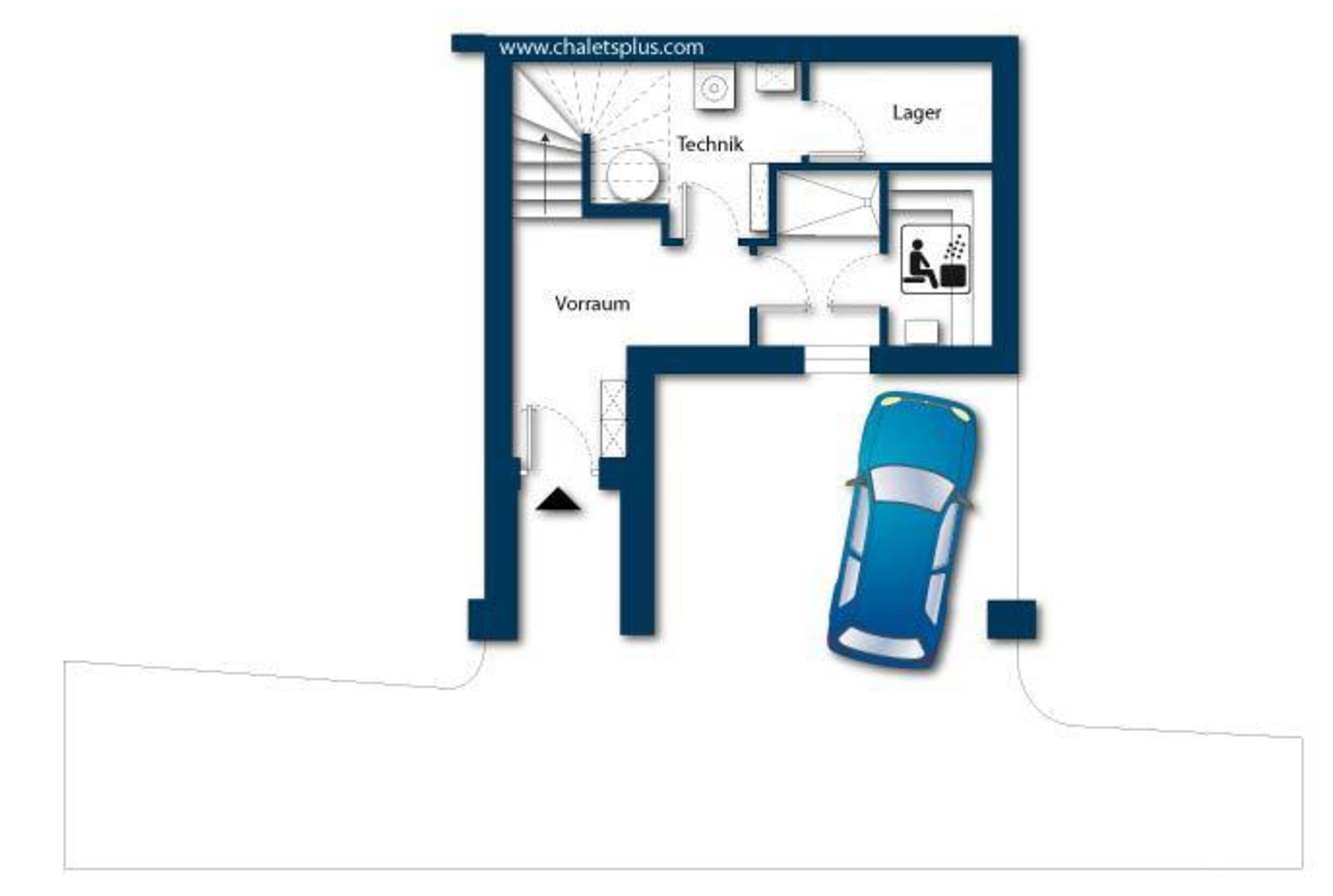 A floor plan with labeled areas: Technik, Lager, Vorraum, and a car parking space.