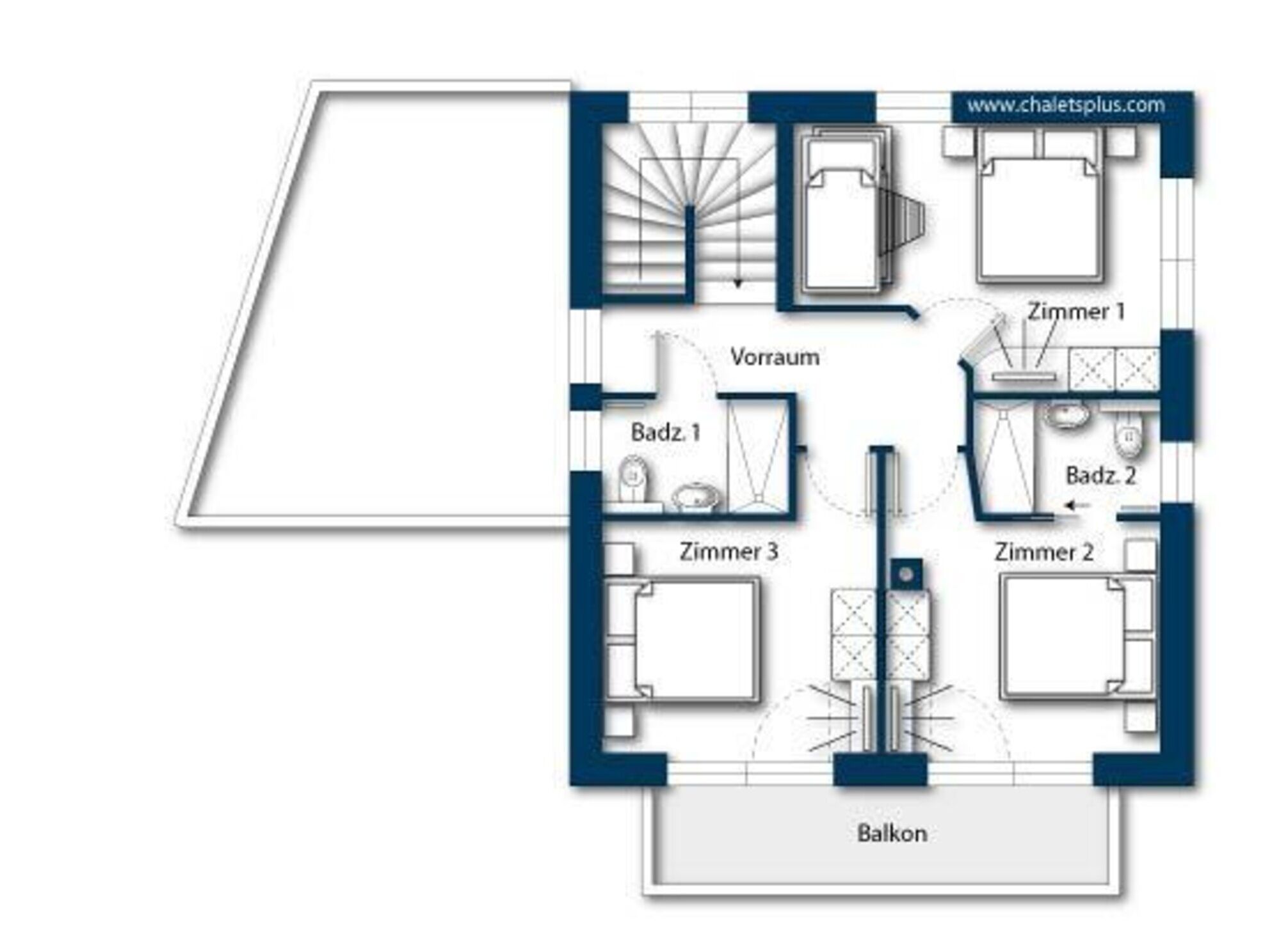Ein Grundriss eines Gebäudes mit drei Schlafzimmern, zwei Bädern, einem Wohnbereich und einem Balkon.