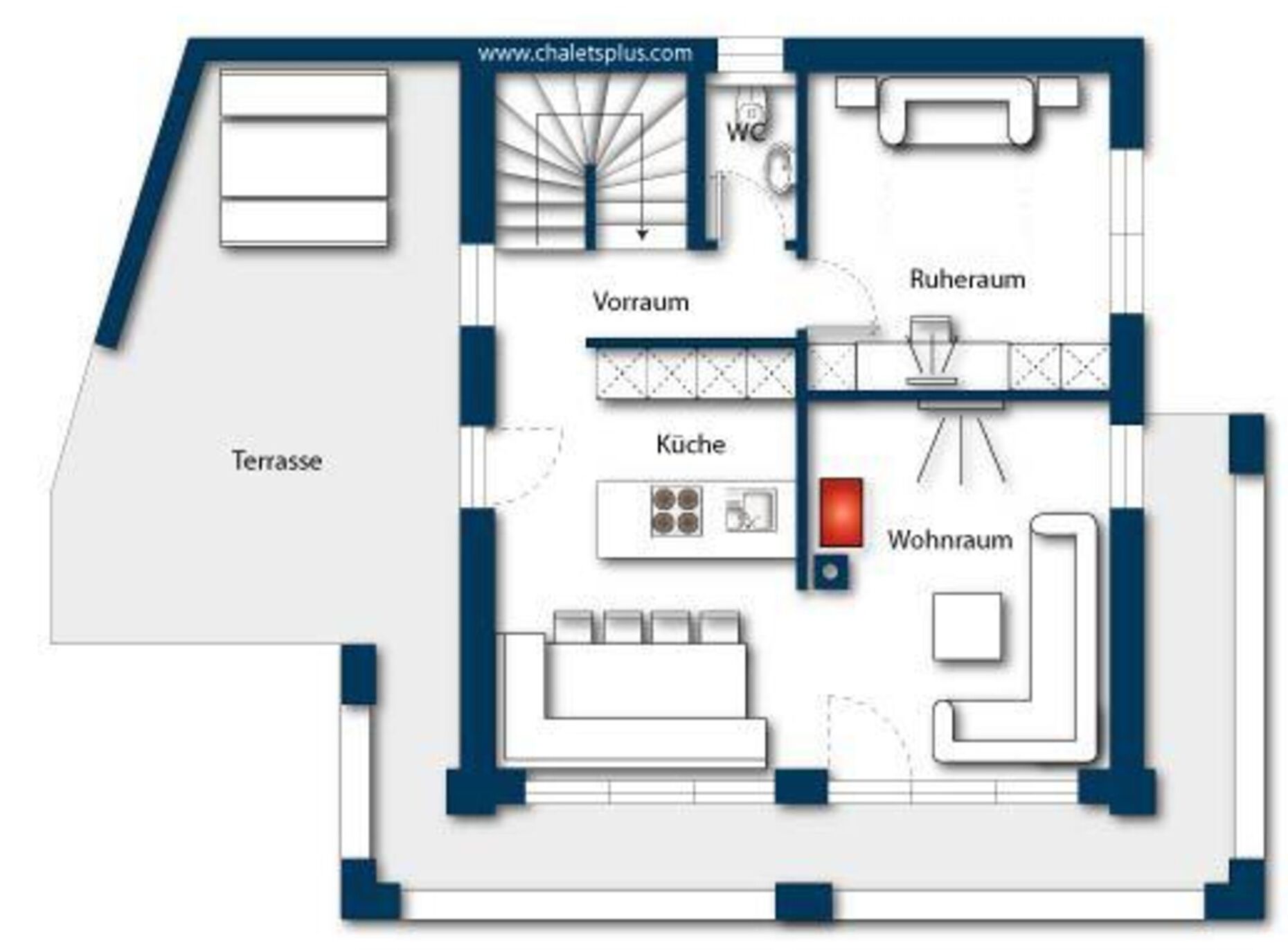 A floor plan with a terrace, kitchen, living room, bathroom, and a staircase.