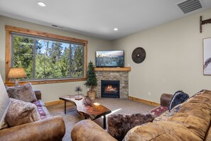 TV, fireplace, books, offices